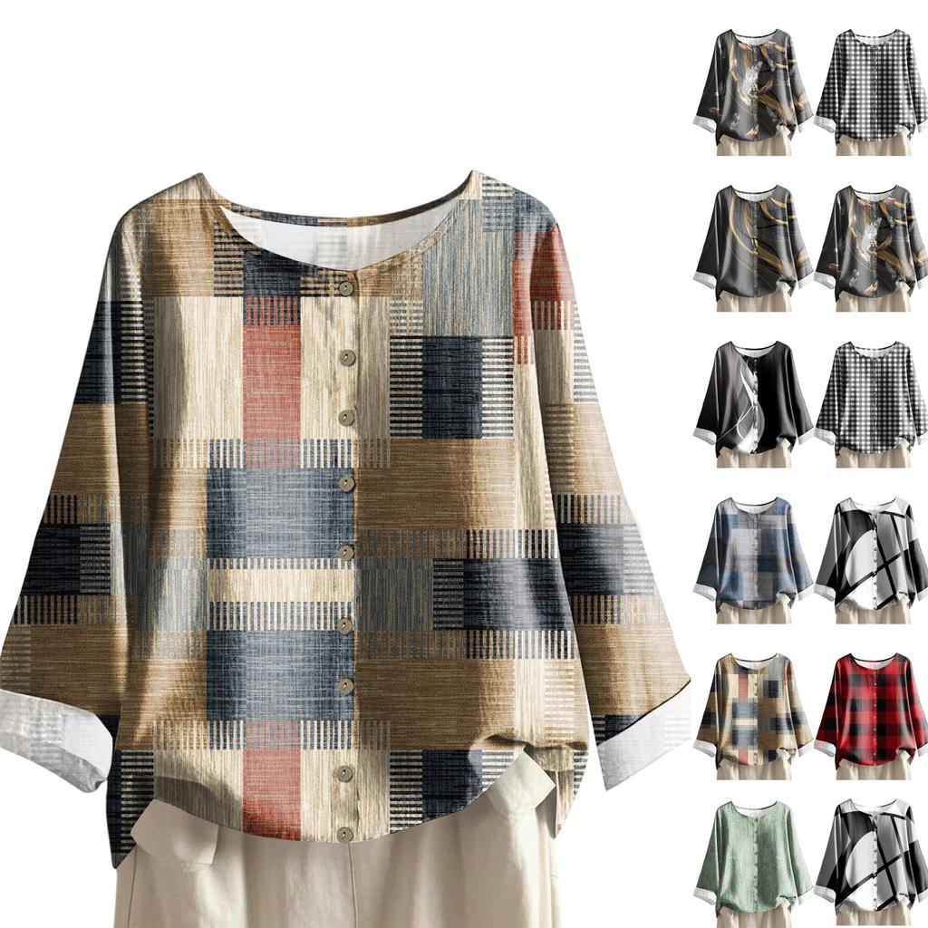 Женский повседневный топ с длинным рукавом и круглым вырезом из хлопка и льна с геометрическим принтом в стиле ретро