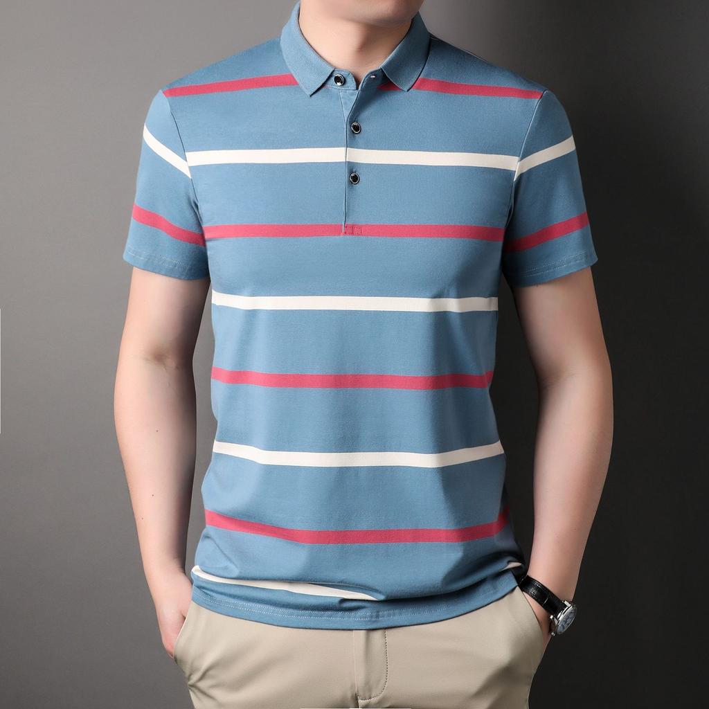 Мужская полосатая рубашка-поло с короткими рукавами, хлопковая деловая повседневная футболка для папы среднего и молодого возраста