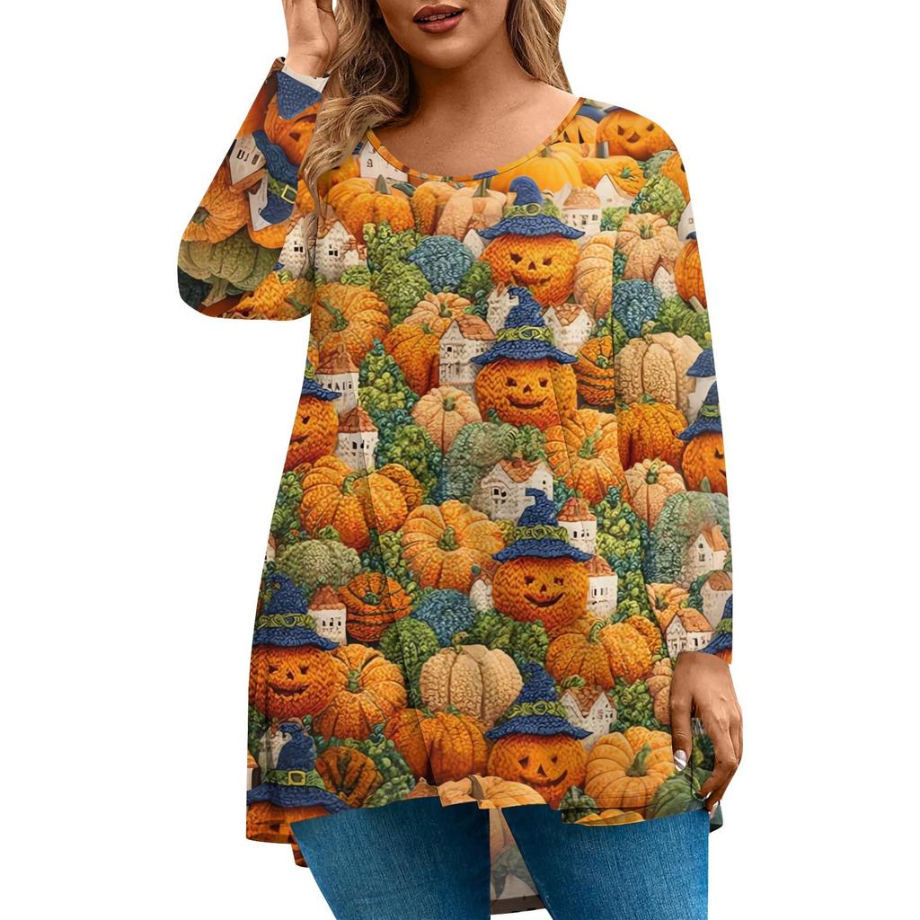 Женская мода Большой размер Круглый вырез Длинный рукав Повседневный Пуловер Топ с принтом на Хэллоуин Свободного кроя
