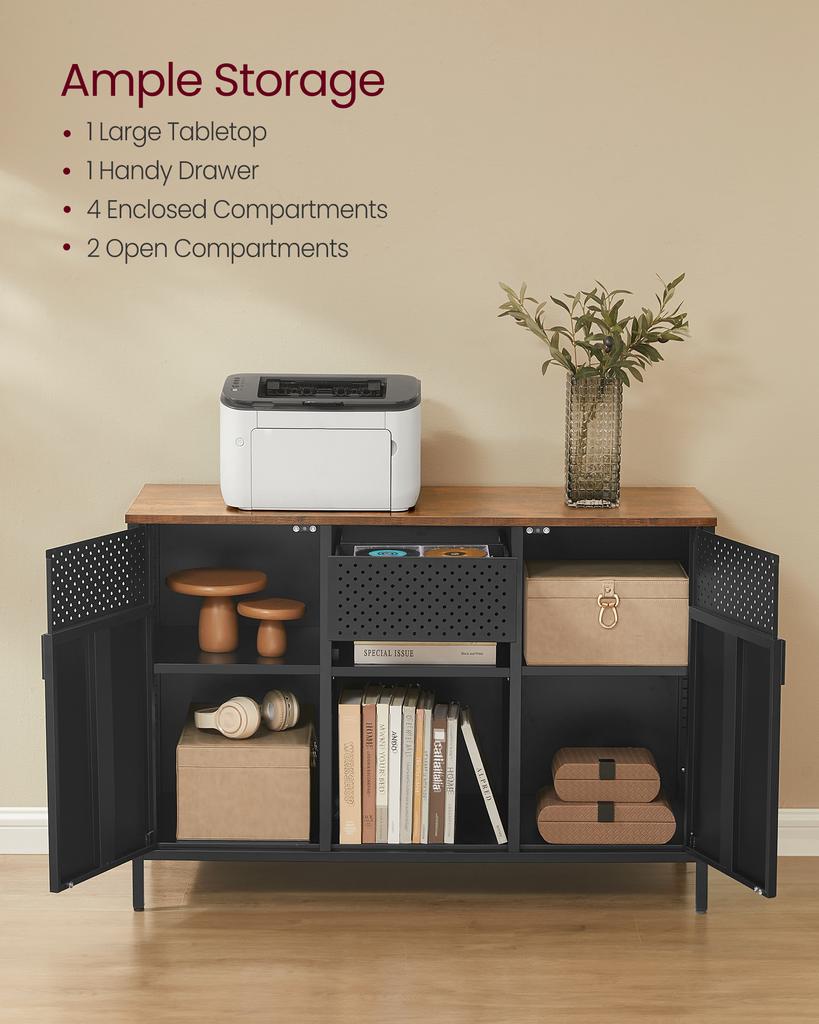 SONGMICS Storage Cabinet, Metal Cabinet, Sideboard with 2 Doors, Magnetic Closure, Adjustable Shelves, Steel Frame, Rustic Brown and Matte Black U