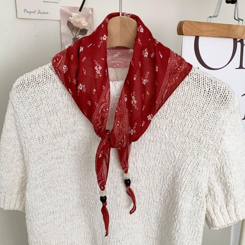 Silk Scarf New Literary Scarf Shawl Cashew Flower Headband Versatile Multi-purpose Pearl Triangle Scarf Waist Tie