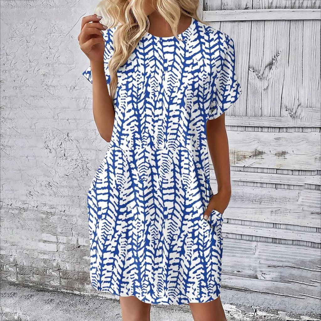 Женское модное летнее свободное платье-футболка средней длины с принтом и короткими рукавами
