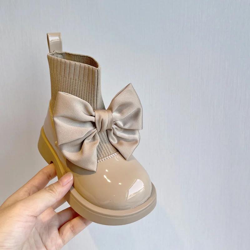 Girl's Sock Boots Chunky Big Bowtie Elegant Cute Children Short Boot Patent Leather Winter Ship-on Kids Shoe H01256