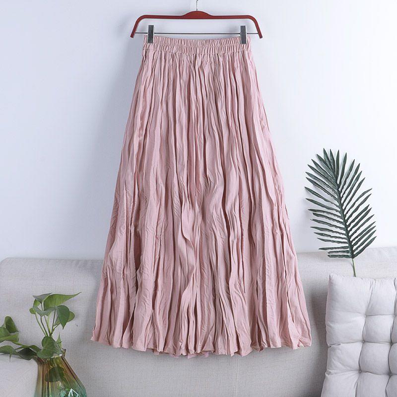 MOJTA Women's Mid-length Skirt Spring Summer Elastic High Pleated Waist Skirt A-line Skirt