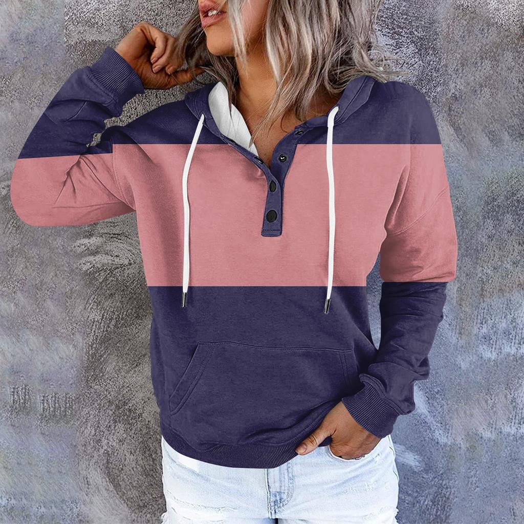 Womens Hooded Button Collar Drawstring Hoodies Pullover Sweatshirts Casual Long Sleeve Tops Shirts