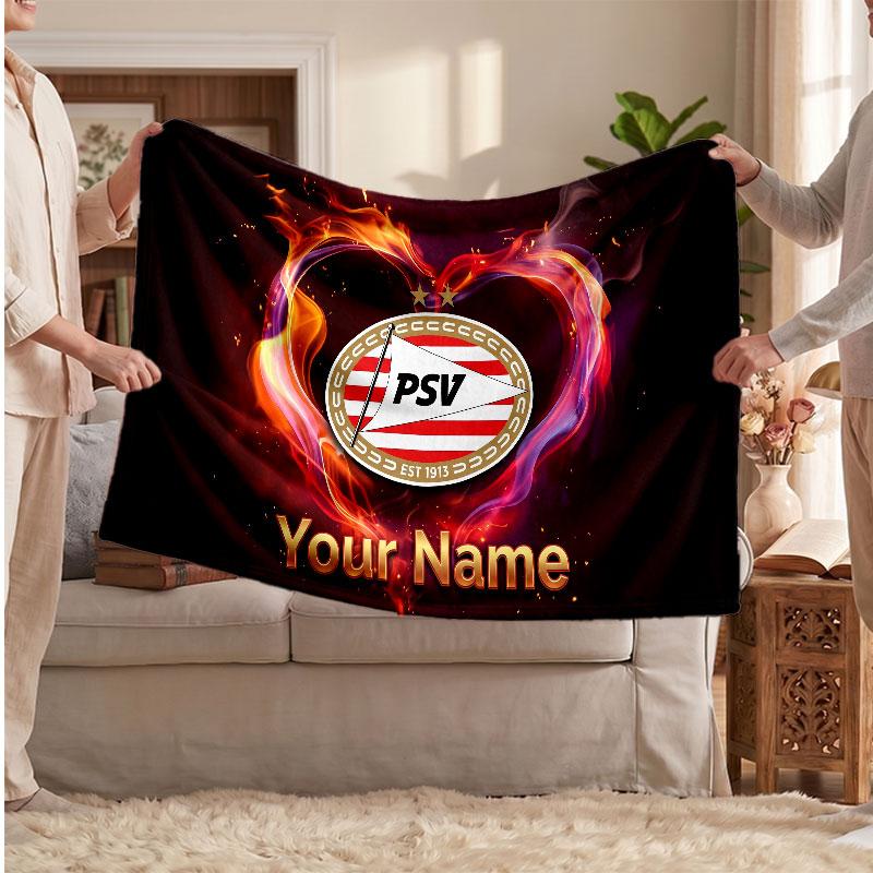 PSV Eindhoven FC Personalized Fleece Blanket With Football Logo, Custom Name Text Soft Warm Home Throw Blanket