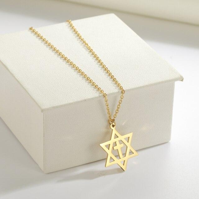 Мужское и женское модное ожерелье со звездой Маген Давида, израильское еврейское ожерелье из нержавеющей стали, цепочка со звездой Давида и крестом, очаровательное колье, ювелирные изделия
