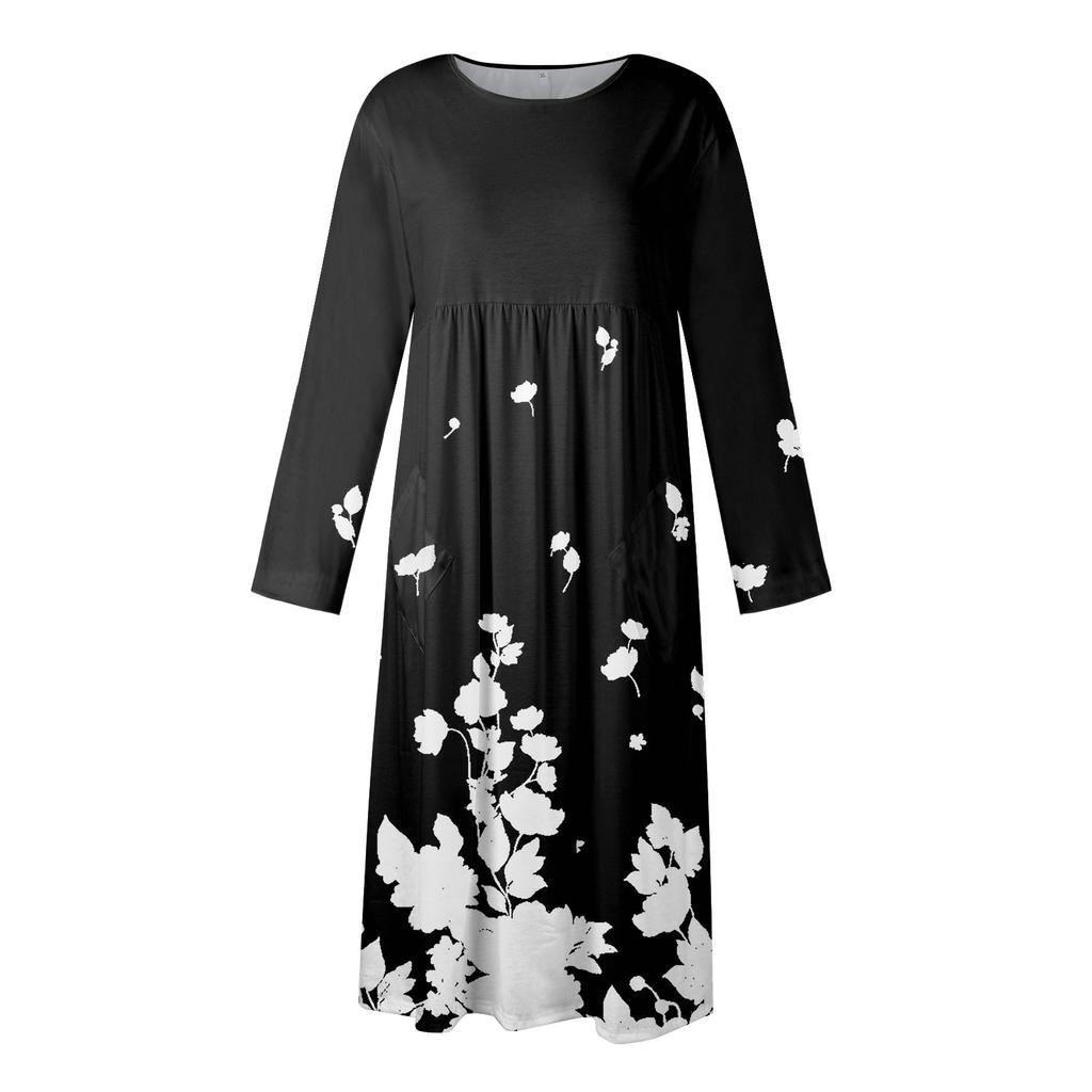 Женское повседневное платье средней длины с круглым вырезом и принтом, карманное платье с длинными рукавами