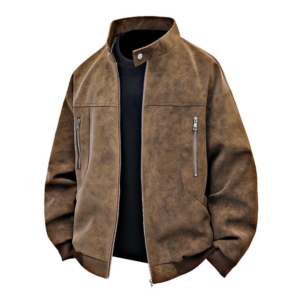 Men's Solid Color Zipper PU Leather Stand Collar Jacket Casual Sports Motorcycle Style Jacket