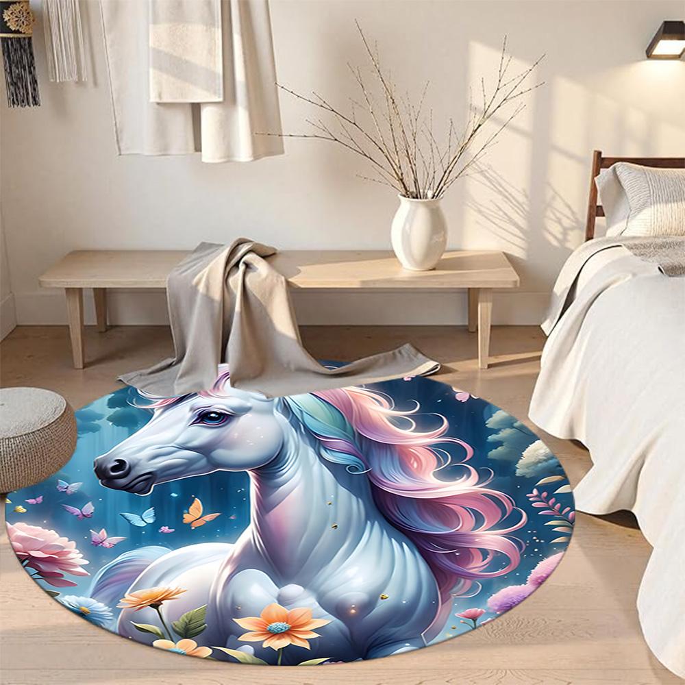 Unicorn Round Area Rug Suitable for Bedrooms Living Rooms Outdoor Hallway Antislip Round Carpet Anime Office Decor Gift for Festivals