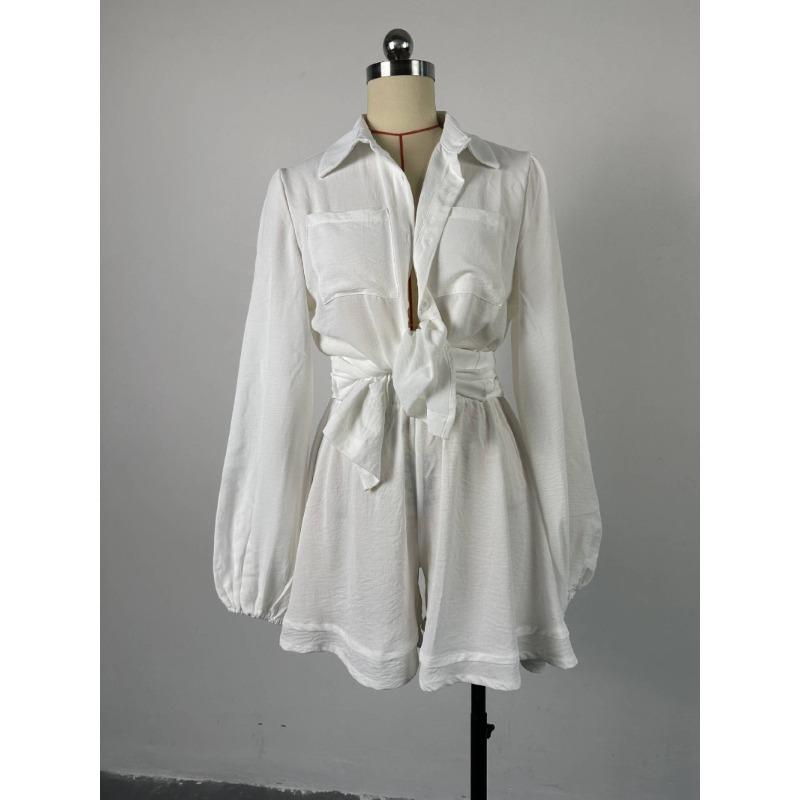 Женская летняя повседневная однотонная рубашка с рукавами-пузырьками, комплект с широкими шортами и темпераментом