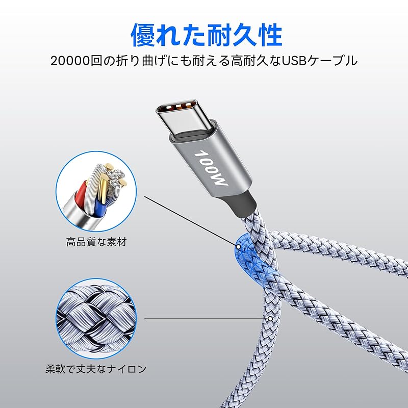 etguuds USB Type C cable PD compatible 100W/5A [Long/3m 2 batteries] Fast charging to Heavy duty nylon USB cable iPhone 16 15/MacBook Air