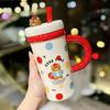 Cartoon Straw Cup Large Capacity Ceramic Drinking Cup with Lid Cute Animal Breakfast Milk Cup Souvenir