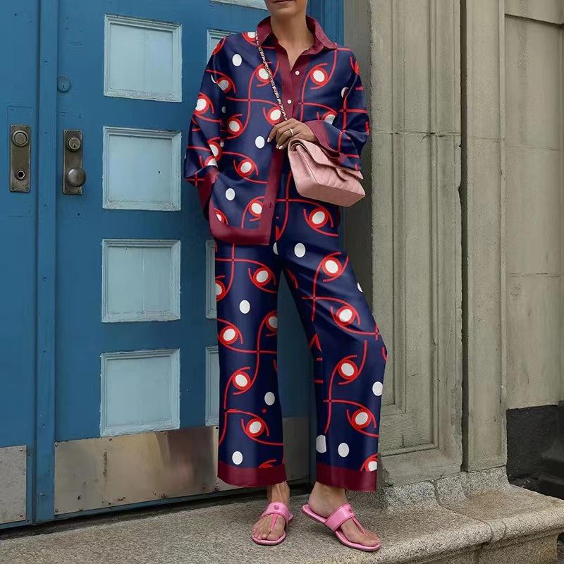 Женский комплект: рубашка и брюки с широкими штанинами, зеленый геометрический принт