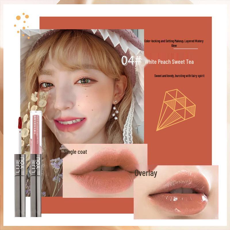 Двусторонний блеск и глосс для губ: Зеркальный финиш, эффект водного сияния, не выцветающий нюдовый оттенок.