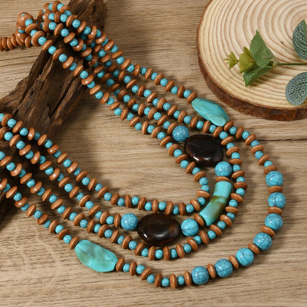 Ожерелье в стиле бохо, ретро, многослойное, имитация бирюзы, деревянные бусины ручной работы, длинное ожерелье-водопад для женщин