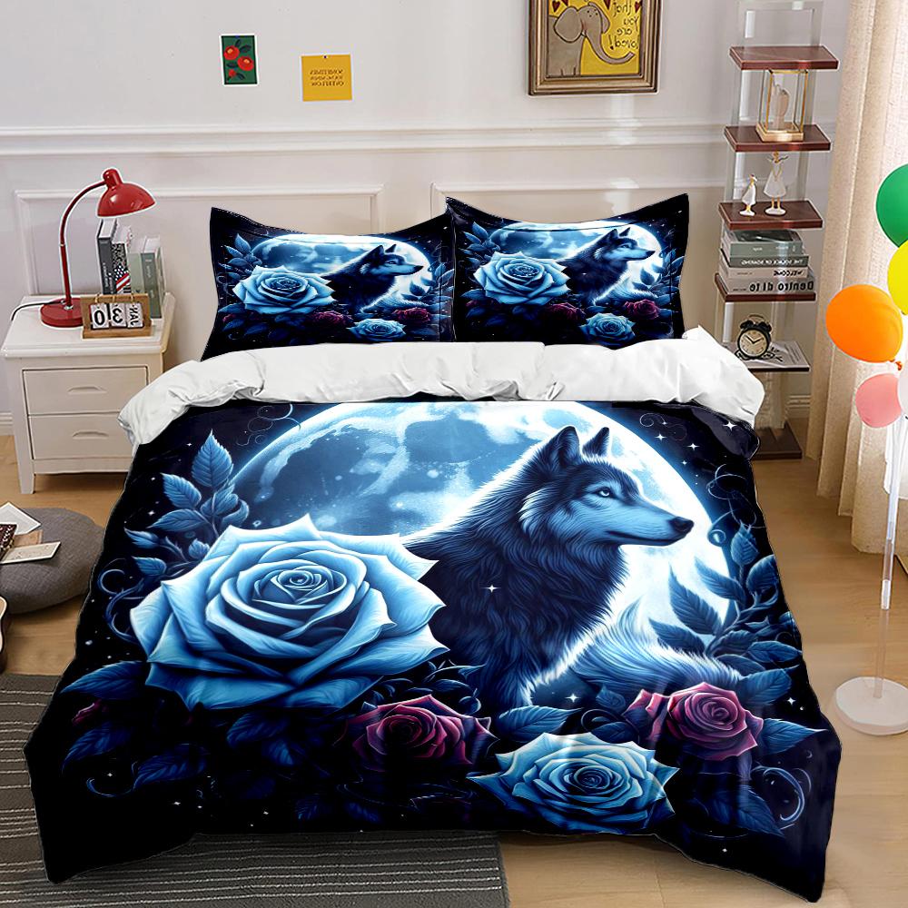 Wolf and Rose Print Bedding Set Sports Enthusiast Duvet Cover 1 Duvet Cover 2 Pillowcases Adult and Children Bedding Set Luxury