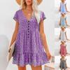 Fashion Women V Neck Button Floral Dress Short Sleeve Loose Casual Dress