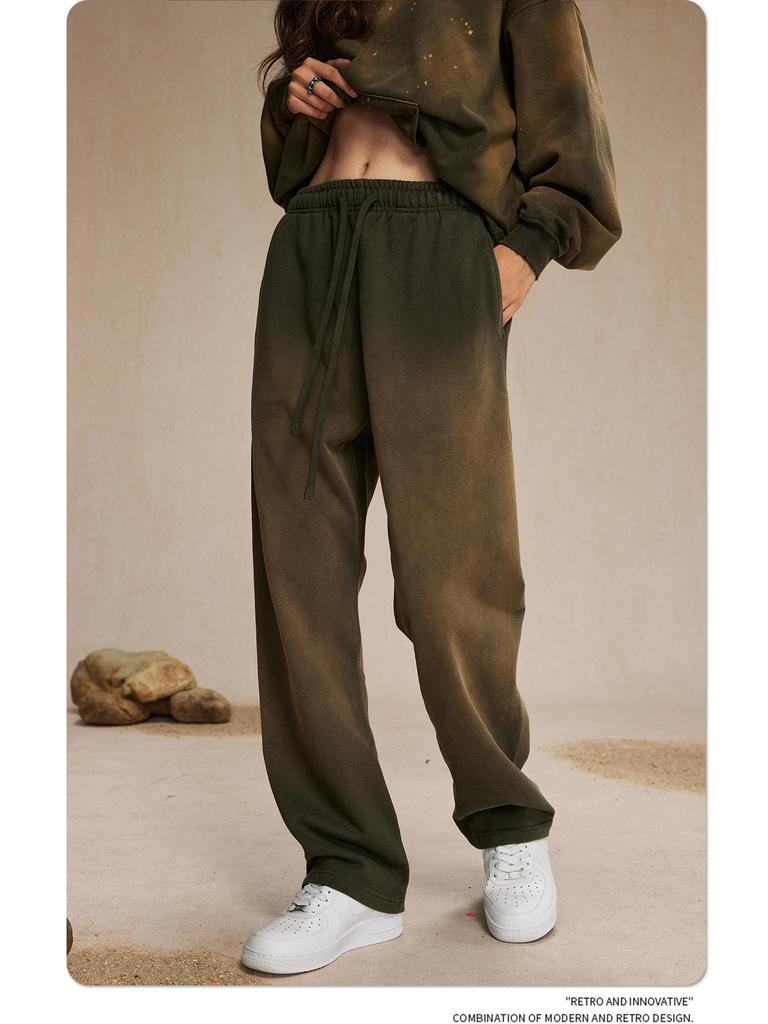 Autumn 2024 Retro Washed Distressed Spray Dye Sweatpants for Men - Loose Fit with Drawstring