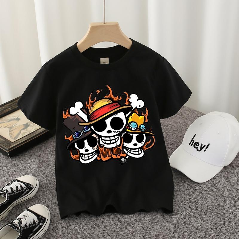 Ones Piece Black T-shirt Cute Game Role Infant Tees O-neck Tops Kids Boy ShortSleeve Anime Streetwear Shirt Child Cotton Clothes