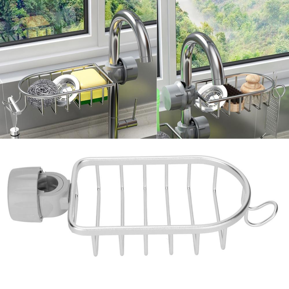 Adjustable Sponge Drainer Rack Aluminum and Plastic Sink Drainer Basket Home Kitchen Bathroom
