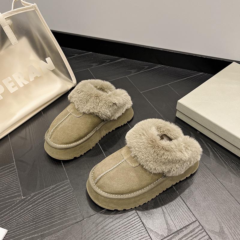 Женские тапочки из натуральной кожи и меха 2024 года — новые зимние ботинки на толстой подошве с застежкой-молнией сверху, нескользящей плоской подошвой.