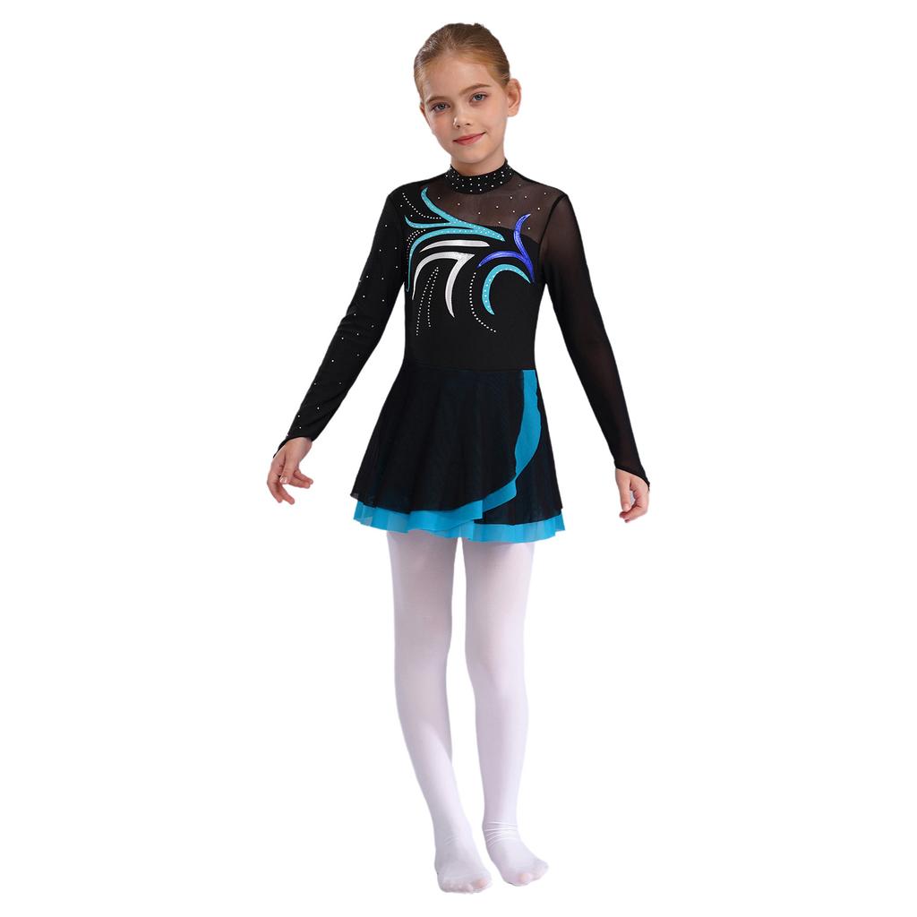 Платье для фигурного катания для девочек с блестящими стразами, прозрачной сеткой и пэчворком, с длинным рукавом для танцевальных выступлений