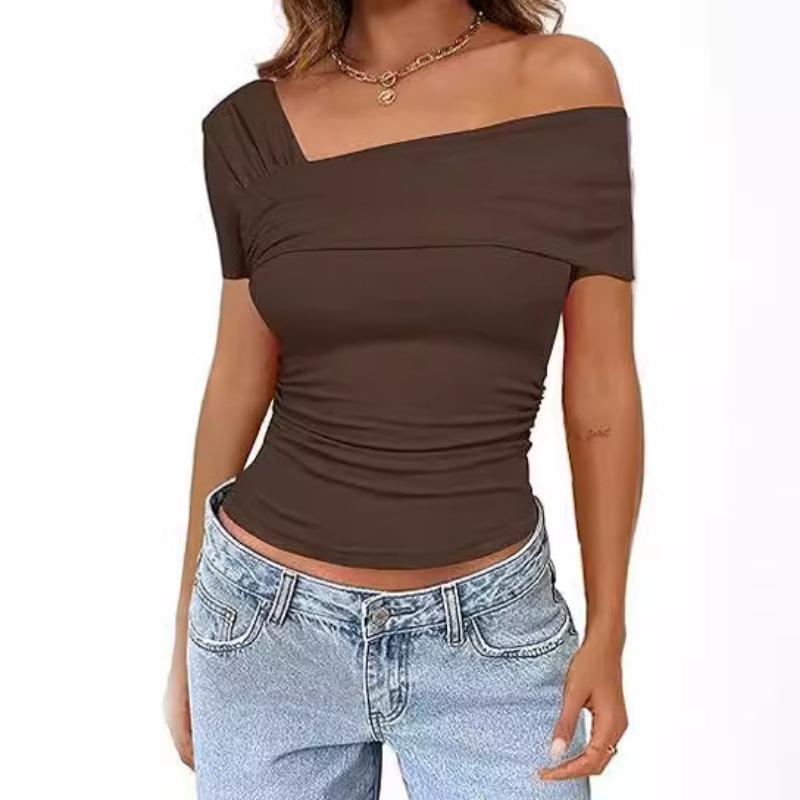 Женская одно плечо короткий рукав короткий топ оборка сбоку тонкий однотонный цвет короткая футболка