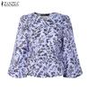 ZANZEA Women Casual V-Neck 3/4 Sleeve Loose Print Blouse