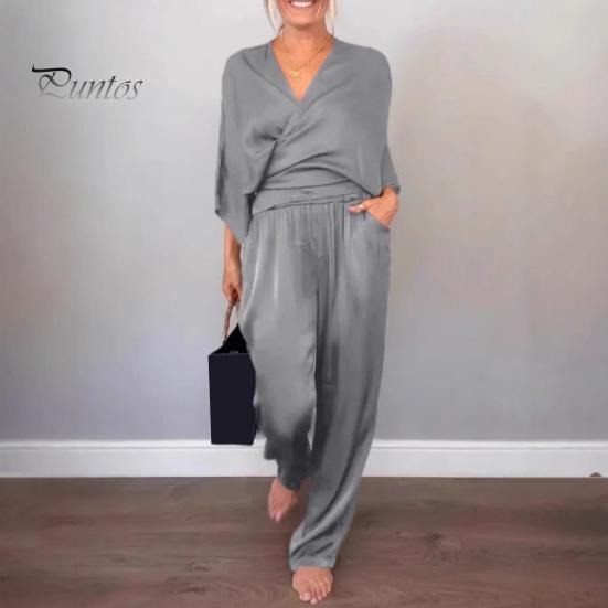 Женский комплект из 2 предметов: топ, брюки, V-образный вырез, длинные рукава, блузка с перекрещивающимися бретелями, высокая талия, плиссированные широкие брюки, формальный наряд для поездок на работу на весну и лето