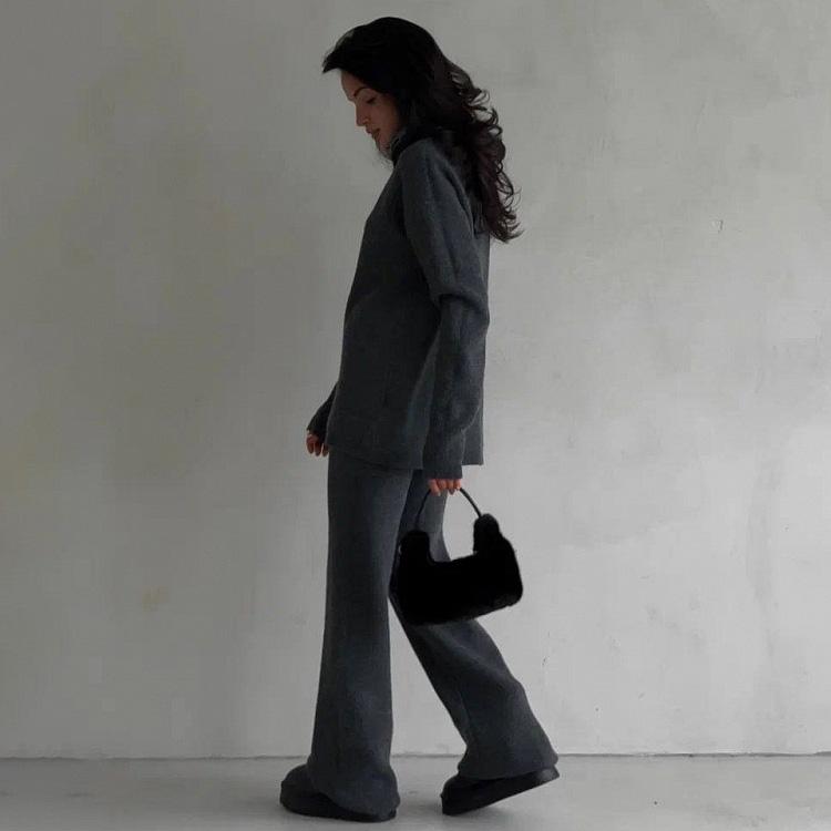 Женский однотонный костюм с капюшоном и длинным рукавом, свободный топ, широкие брюки, осень-зима