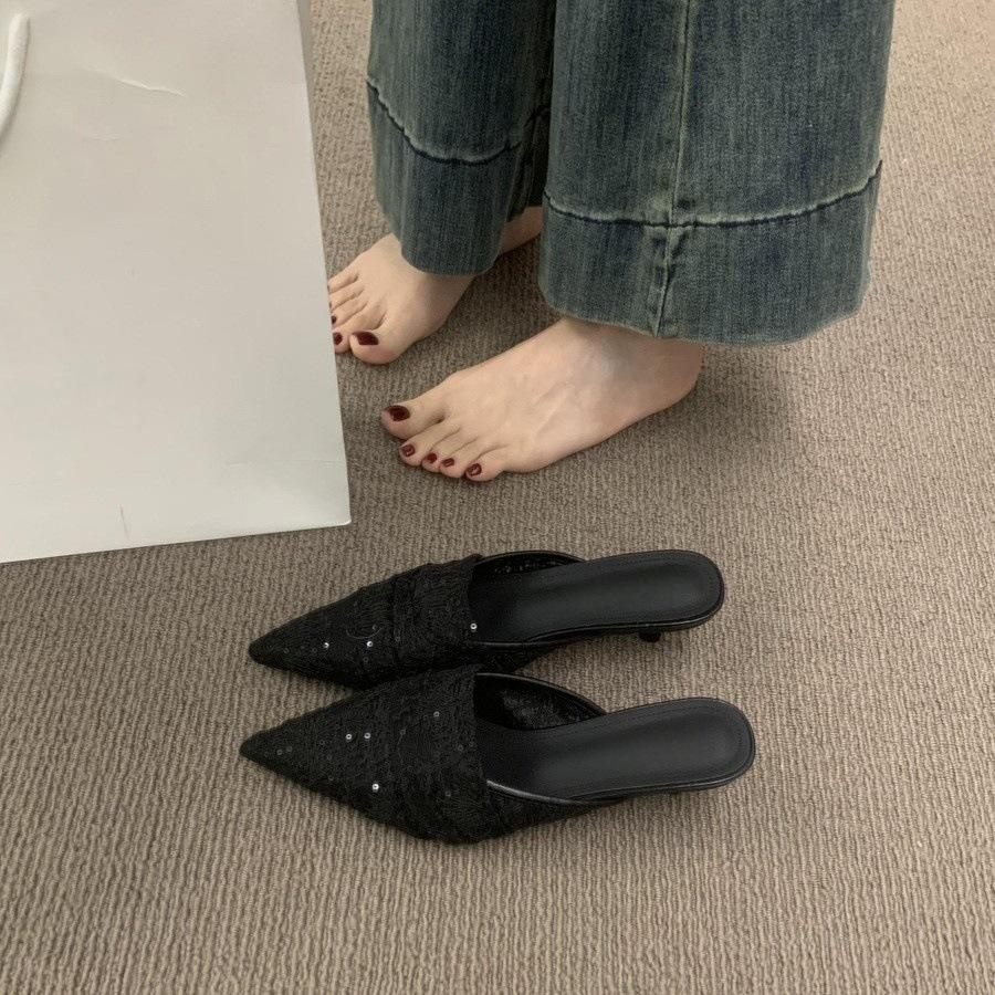 Breathable Lace Bag Head Half Slippers Women's Summer Wear French Beautiful Sandals 3cm Kitten and Pointed Muller Shoes