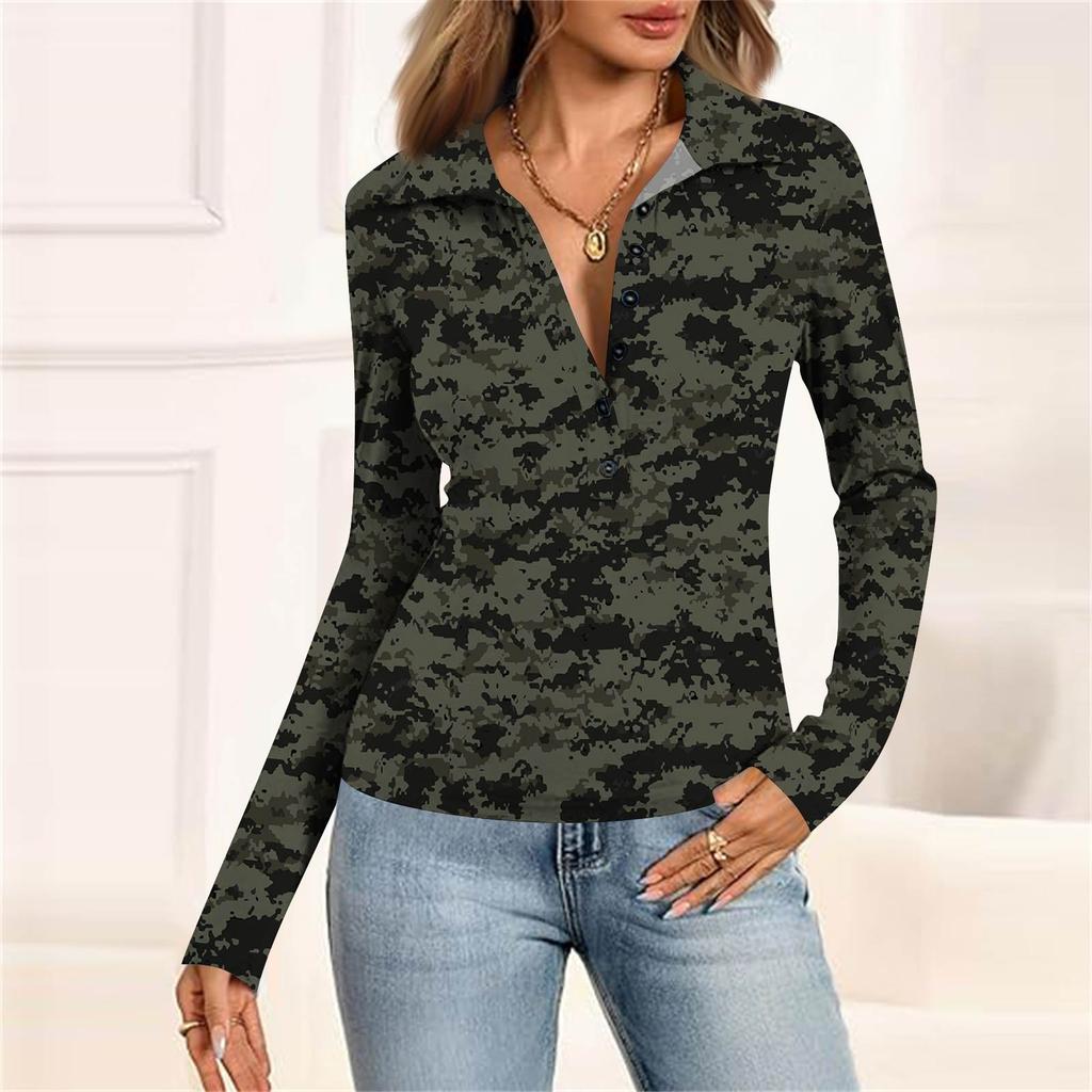 Женская мода Повседневный принт V-образный вырез Длинный рукав Застегивающаяся на пуговицы блузка