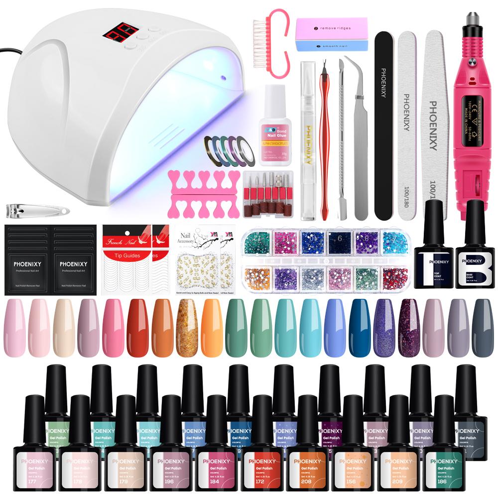 PHOENIXY Набор для дизайна ногтей 20 цветов гель-лака для ногтей с лампой для ногтей 36 Вт и инструментами для ногтей Полный набор для маникюра для дизайна ногтей