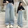 Girls School Wide Leg Jeans Retro Splicing Design Casual Loose 2025 Kids Fashion Long Pants Children Korean Style Trousers