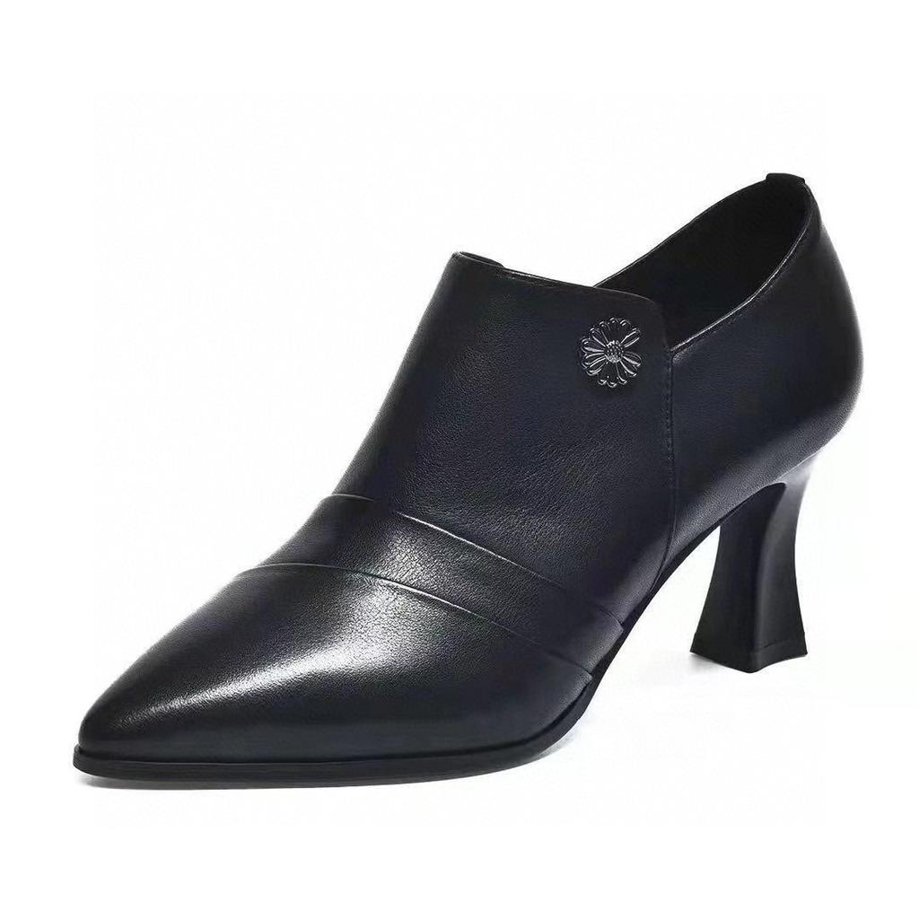 High Heels Women's 2025 Autumn New Black Cowhide Pointed Thin High Heel Deep Mouth Single Shoes Women's Professional Four Seasons Leather Shoes