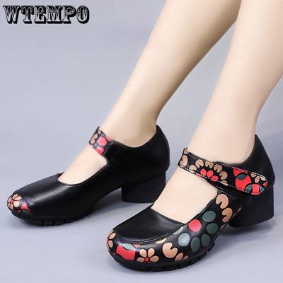 Женские туфли из мягкой кожи на толстом каблуке в этническом стиле. Всесезонные универсальные легкие черные кожаные туфли.