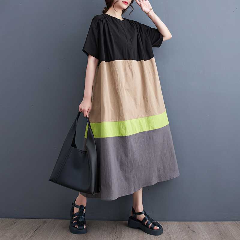 Летний Новый Стиль Корейский Стиль Свободный Большого Размера Пэчворк Повседневный Простой Милый Рубашечное Платье