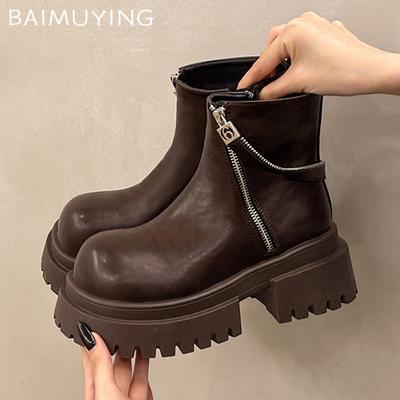 Ботильоны женские на платформе, дизайнерские молнии, туфли на среднем каблуке, новый бренд, зима 2025, модные готические туфли-лодочки, мотоциклетные ботинки Botas De Mujer