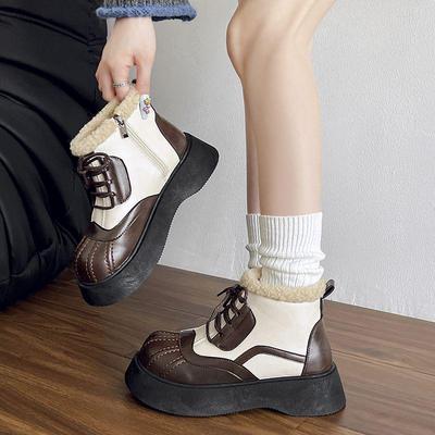 Женские ботильоны на толстой подошве в корейском стиле - Британский колледж, Осень/Зима, Высокий каблук, Увеличение роста, Хлопковый верх.