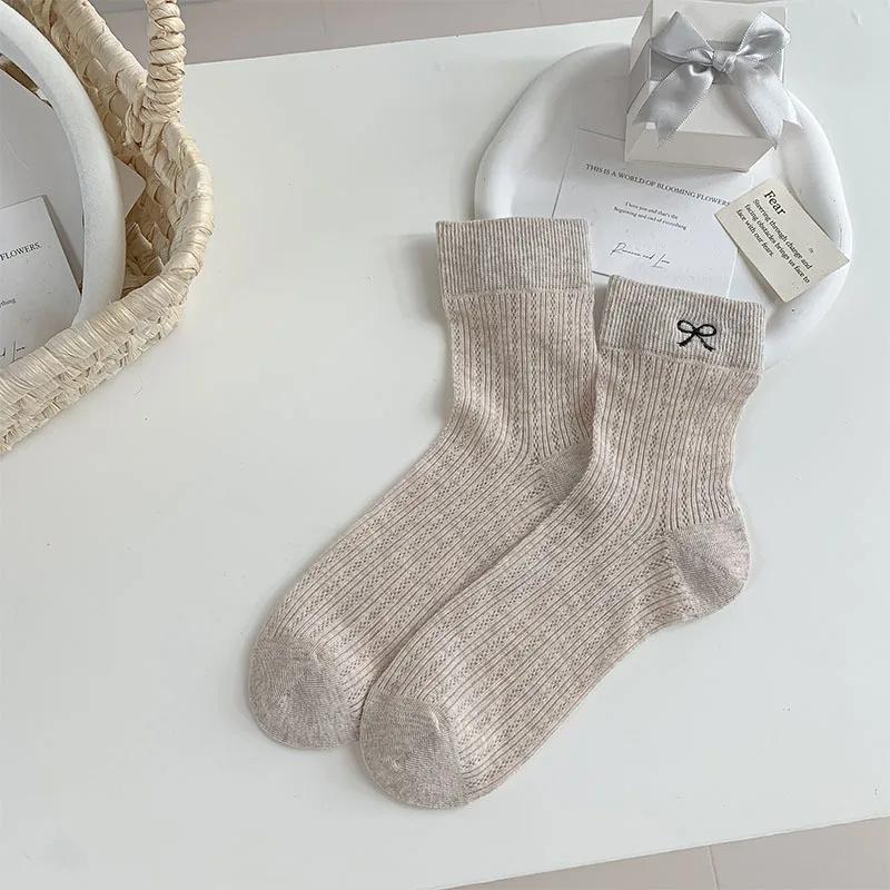Women Socks Ballet Style Sweet Girls Black White Gray Socks Cute Bow Embroidery Hollow Out Mesh Thin Breathable Loose Long Socks