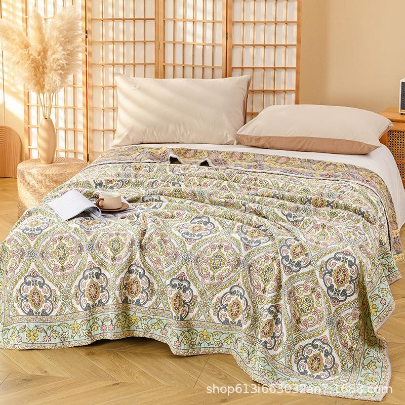 Four-layer Gauze Towel Quilt, 100% Cotton, Floral Bed Sheet, Golden Pastoral, Adult