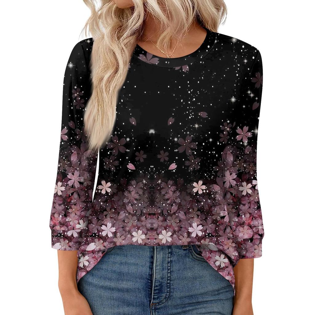 Женская модная повседневная свободная футболка с круглым вырезом и рукавами 3/4 с принтом, женский топ