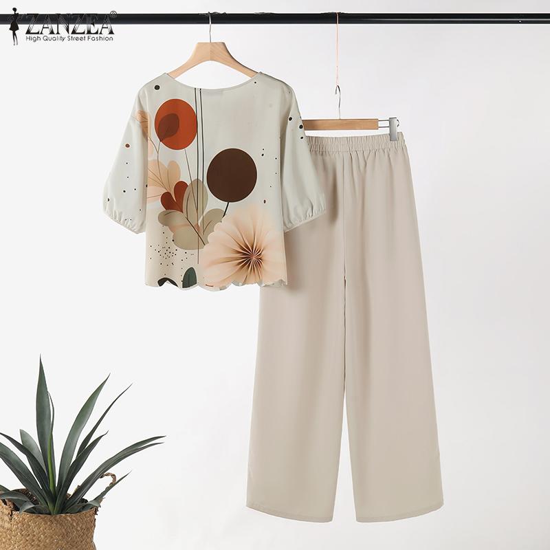 ZANZEA Женские повседневные комплекты из блузки и брюк с принтом из двух предметов