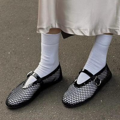 Летние туфли-балетки с сеткой, женские, с круглым носком, Мэри Джейн, дышащие сандалии 2025, однотонные, с ремешком на пряжке, женская обувь