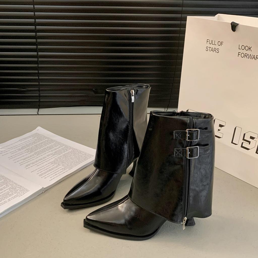 Metal Buckle Mix Color Ankle Boots Women 2025 Autumn Sexy Pointed Toe Medium Heel Modern Boots Y2K Silver Designer Shoes