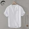 Men's Japanese Style Stand Collar Short Sleeve Cotton Linen Shirt - Casual Summer Neutral Wear
