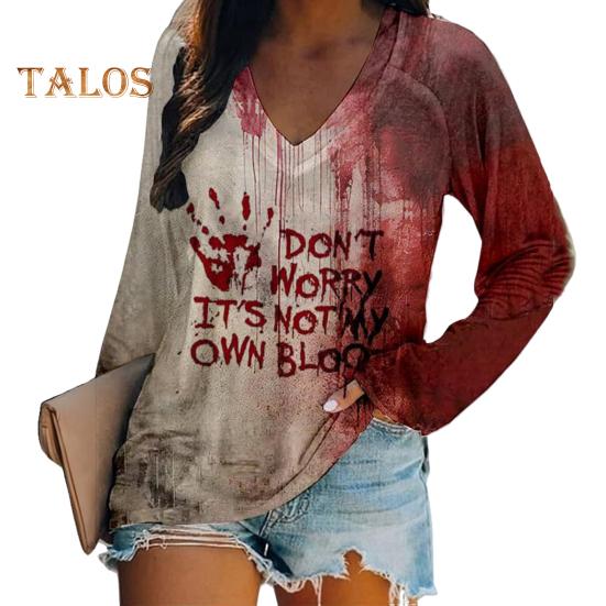 Женская футболка с V-образным вырезом и длинным рукавом с принтом «кровавые буквы», свободный крой, пуловер на Хэллоуин, топы, уличная одежда