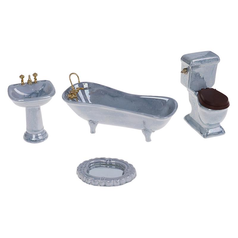 1:12 Dollhouse Miniature Blue Porcelain Bathroom Set Toilet Basin Bathtub