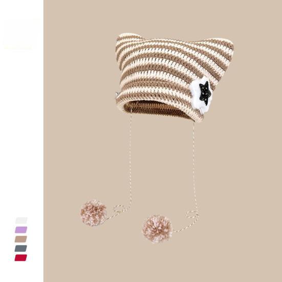 Зимняя вязаная шапка с дизайном кошачьих ушек, декором в виде плюшевого помпона и полосатым принтом, ветрозащитная, теплая, женская шапка, головной убор для холодной погоды